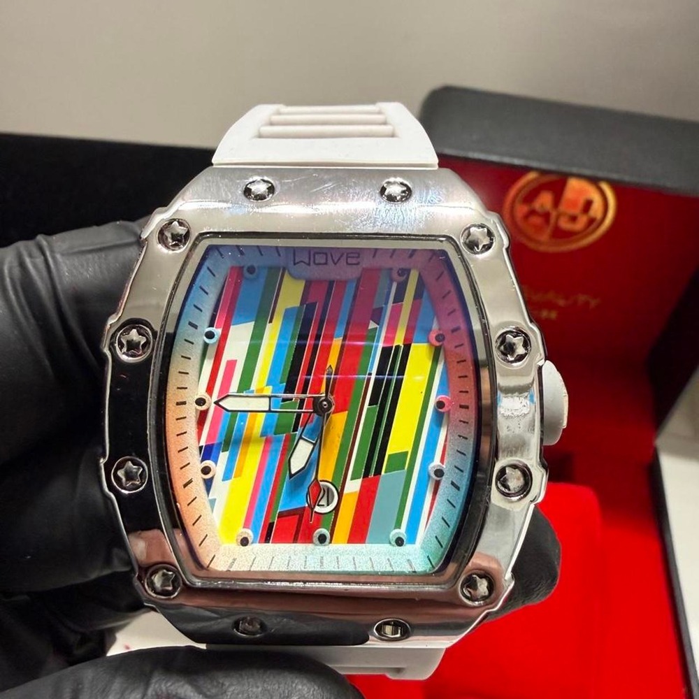 White & rainbow AJ watch with silicone band. Watch box included.